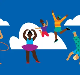 Kids Playing in front of blue sky background